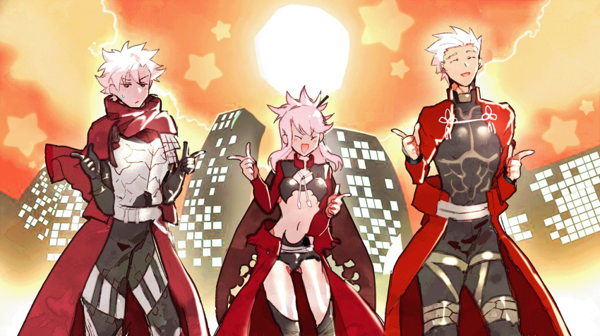 1girl, 2boys, archer, black_gloves, cape, carnival_phantasm, chloe_von_einzbern, closed_mouth, clouds, dark_skin, dark_skinned_male, emiya_kiritsugu, emiya_kiritsugu_(assassin), fate/grand_order, fate/kaleid_liner_prisma_illya, fate/stay_night, fate_(series), finger_gun, gloves, jitome, kouya_(kyk428), lineup, multiple_boys, open_mouth, parody, pose, short_hair, skyline, spiky_hair, star, sweatdrop, white_hair