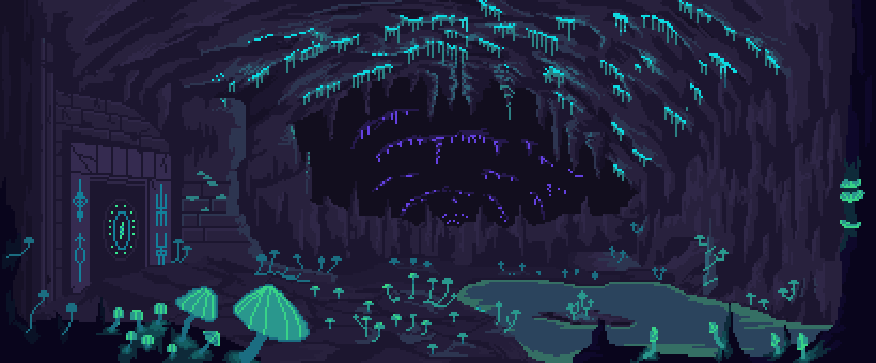 cave, commission, door, fungus, glowing, indoors, kldpxl, mushroom