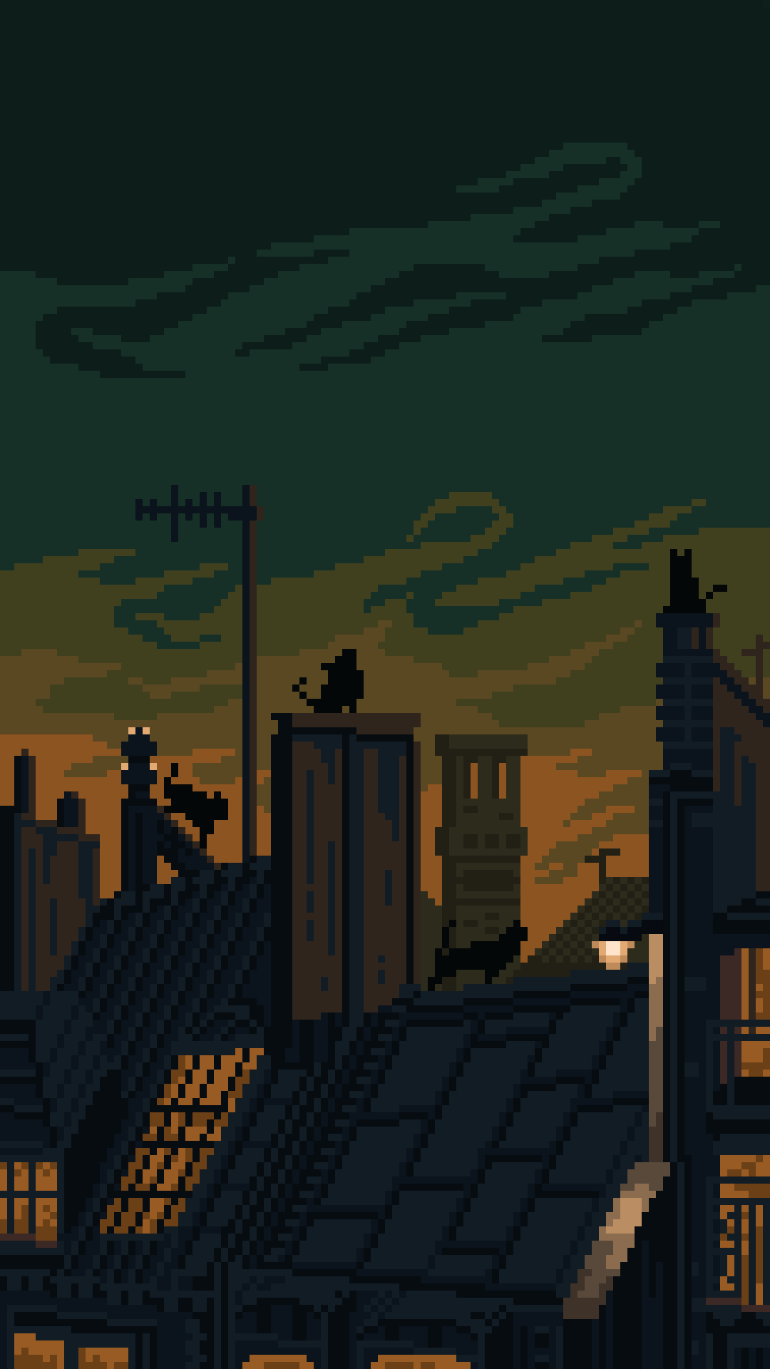 black_cat, brown_sky, building, cat, chimney, cityscape, dusk, highres, kldpxl, lamppost, no_humans, pixel_art, rooftop, scenery, weather_vane, window