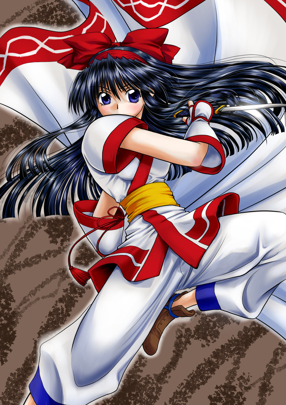 1girl, ainu_clothes, black_hair, blue_eyes, bow, brown_background, brown_footwear, cropped_legs, dagger, fighting_stance, fingerless_gloves, gloves, hair_bow, hairband, highres, long_hair, looking_at_viewer, mayuge_(gonta01), moccasins, nakoruru, pants, red_bow, red_hairband, reverse_grip, samurai_spirits, solo, weapon, white_gloves, white_pants