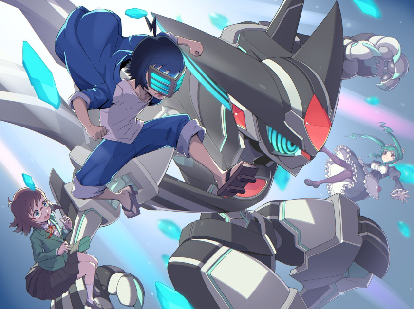 1boy, 2girls, :3, ahoge, animal_ears, blazer, blue_hair, cat_ears