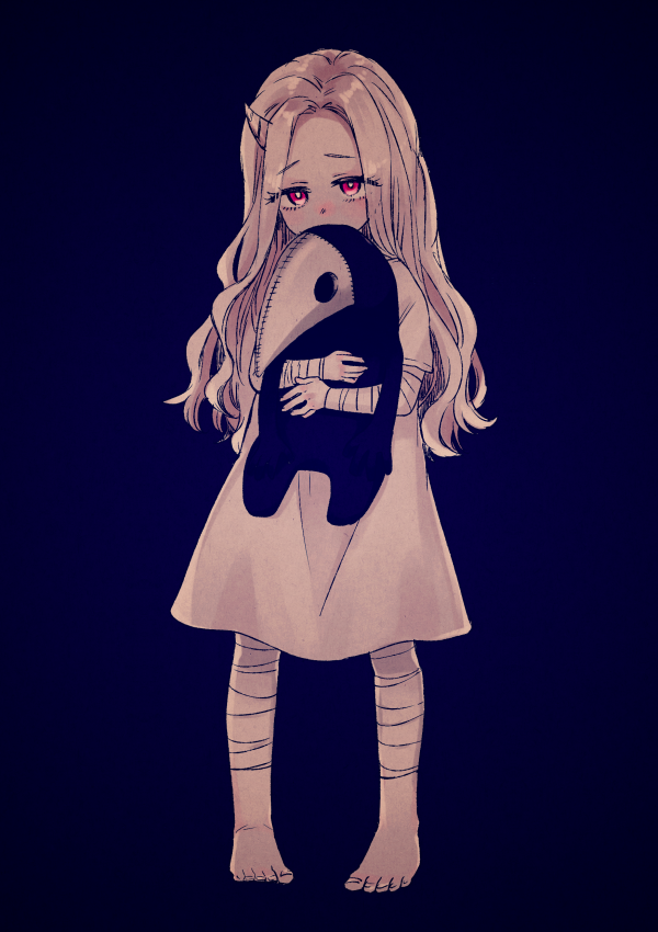 1girl, bandage, bandaged_arm, bandaged_leg, bandages, barefoot, blue_background, blush, boku_no_hero_academia, character_doll, child, covered_mouth, doll, eri_(boku_no_hero_academia), gradient, gradient_background, holding, holding_doll, horn, irinaka_joi, long_hair, looking_at_viewer, monochrome, pajamas, plague_doctor_mask, red_eyes, rey0, solo, spot_color