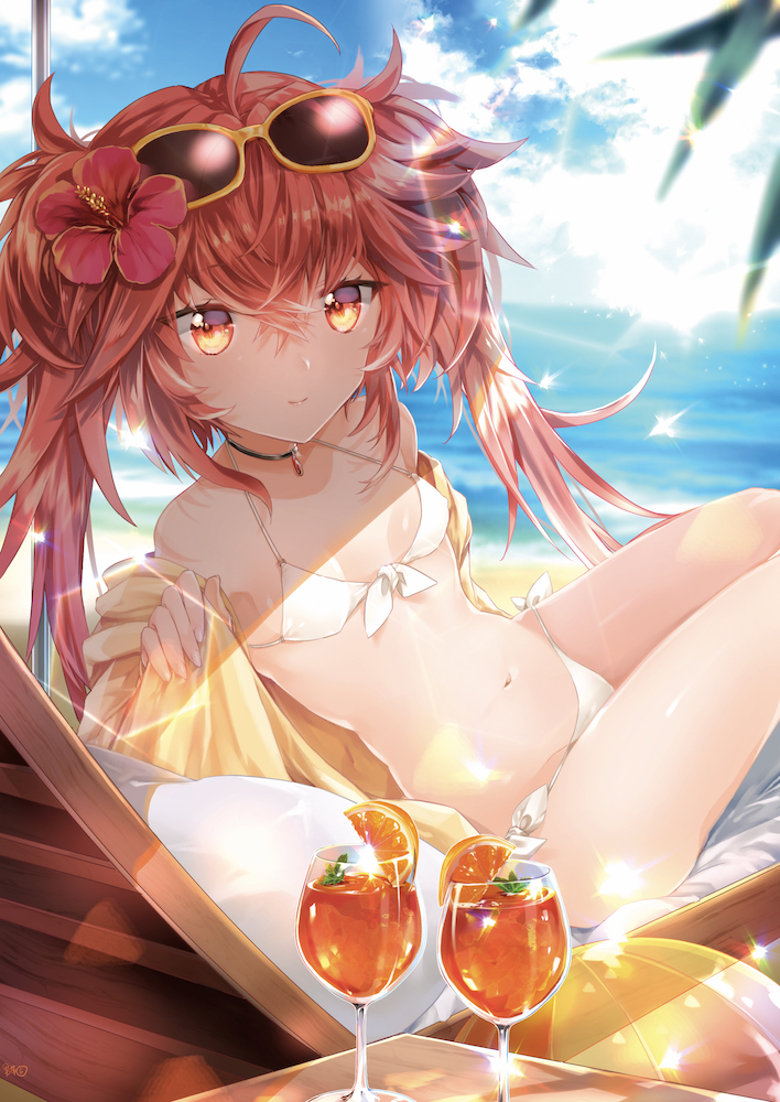 1girl, ahoge, ball, bare_legs, beach, beachball, bikini, chair