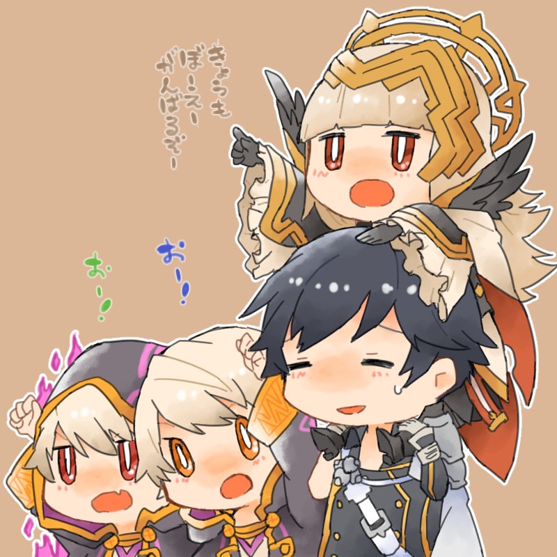 1girl, 3boys, aura, black_gloves, blue_hair, brown_background, brown_eyes, cape
