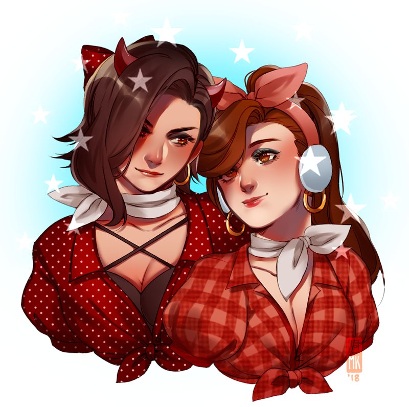2girls, alternate_costume, black_bra, bra, breasts, brown_eyes, brown_hair, cleavage, criss-cross_halter, cruiser_d.va, d.mon_(overwatch), d.va_(overwatch), demon_horns, earrings, eyeshadow, front-tie_top, hair_over_one_eye, halterneck, headphones, hoop_earrings, horns, jewelry, lipstick, looking_at_another, makeup, medium_breasts, mk/ret, multiple_girls, neckerchief, nose, overwatch, plaid, plaid_shirt, polka_dot, shirt, thick_eyebrows, underwear, upper_body, yuri