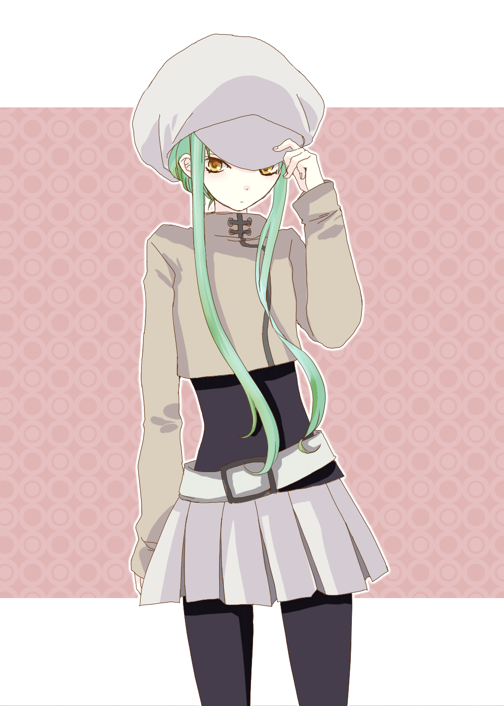 bad_id, belt, black_pantyhose, c.c., cc, code_geass, green_hair, hat, highres, pantyhose, skirt, ta, yellow_eyes