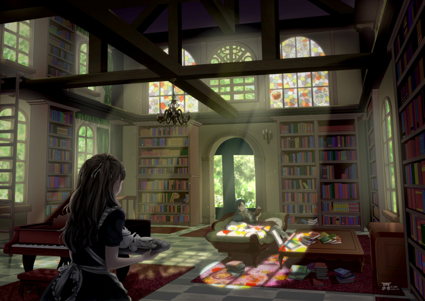 1boy, 1girl, apron, black_hair, blanket, book, book_stack, bookshelf
