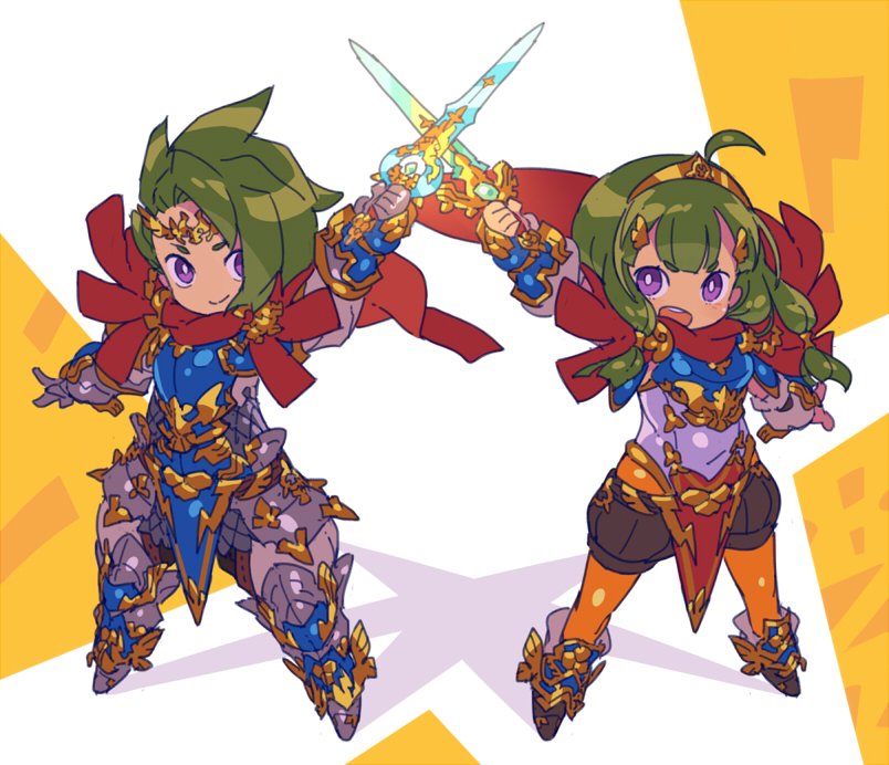 1boy, 1girl, ahoge, armor, breastplate, cape, circlet, closed_mouth