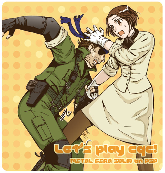 brown_eyes, brown_hair, gloves, groin_kick, gun, kick, kicking, metal_gear