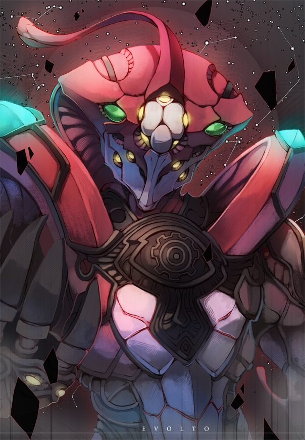 1boy, alien, claws, evolto, extra_eyes, glowing, hand_up, kamen_rider, kamen_rider_build_(series), male_focus, monster, no_humans, tagme, title, tokusatsu, twai