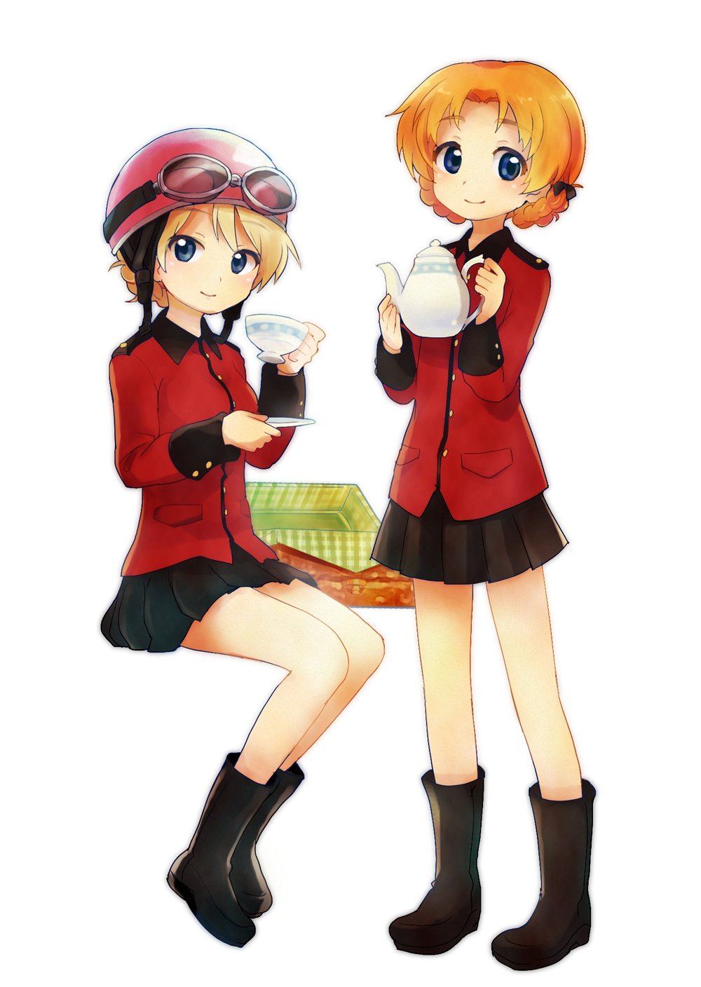 2girls, bangs, black_bow, black_footwear, black_skirt, blonde_hair, blue_eyes, boots, bow, braid, closed_mouth, commentary, cup, darjeeling, epaulettes, eyebrows_visible_through_hair, full_body, girls_und_panzer, goggles, goggles_on_headwear, hair_bow, hat, helmet, highres, holding, jacket, kosame_koori, long_sleeves, looking_at_viewer, military, military_uniform, miniskirt, multiple_girls, orange_pekoe, picnic_basket, pink_hat, pleated_skirt, red_jacket, saucer, short_hair, simple_background, sitting, skirt, smile, st._gloriana's_military_uniform, standing, teacup, teapot, tied_hair, twin_braids, uniform, white_background