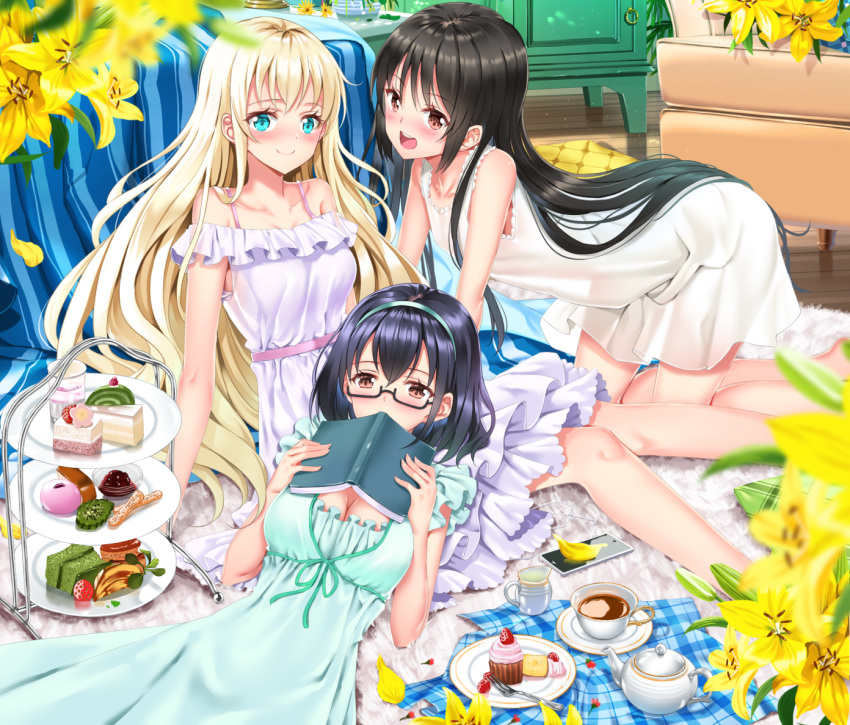 3girls, :d, all_fours, armchair, asobi_asobase, bangs, bare_arms, bare_shoulders
