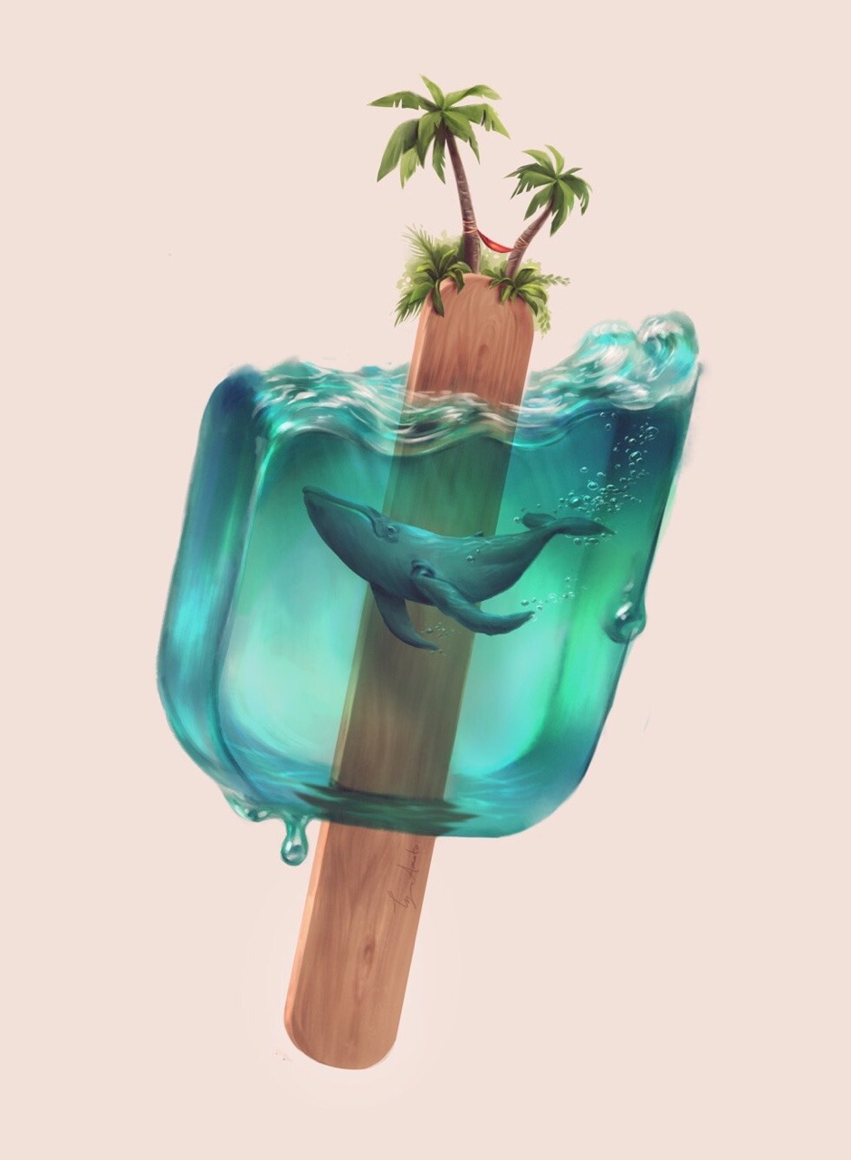 artist_name, commentary, food, hammock, highres, humpback_whale, no_humans, original, palm_tree, popsicle, signature, simple_background, tree, tyler_amato, water, whale