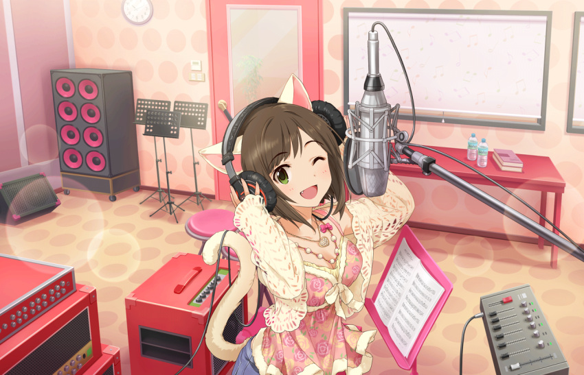 _viewer, animal_ears, blush, brown_eyes, cat_ears, cat_tail, dress, fand, hands_on_headphones, headphones, idolmaster, idolmaster_cinderella_girls, idolmaster_cinderella_girls_starlight_stage, looking_at, maekawa_miku, microphone, open_mouth, radio_booth, recording_studio, short_hair, singing, smile, studio_microphone, wink