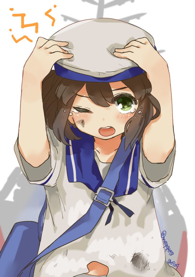 1girl, bag, blue_sailor_collar, blush, brown_hair, daitou_(kantai_collection), dirty_clothes, dress