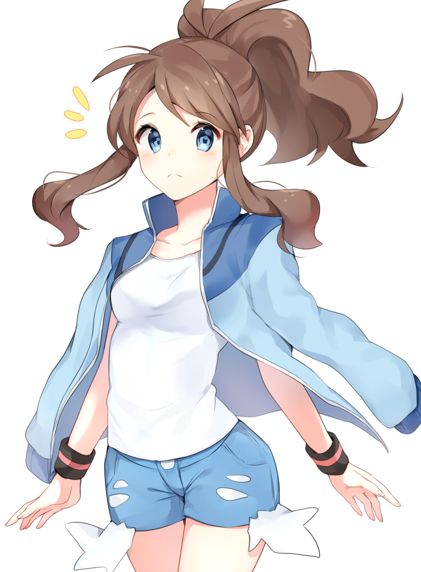 /\/\/\, 1girl, ahoge, arms_at_sides, bangs, blue_eyes, blue_jacket, blue_shorts