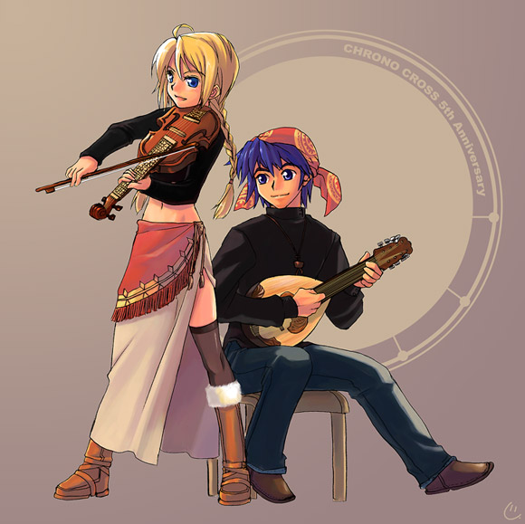 chrono_cross, instrument, kid_(chrono_cross), lute_(instrument), serge, thighhighs, violin