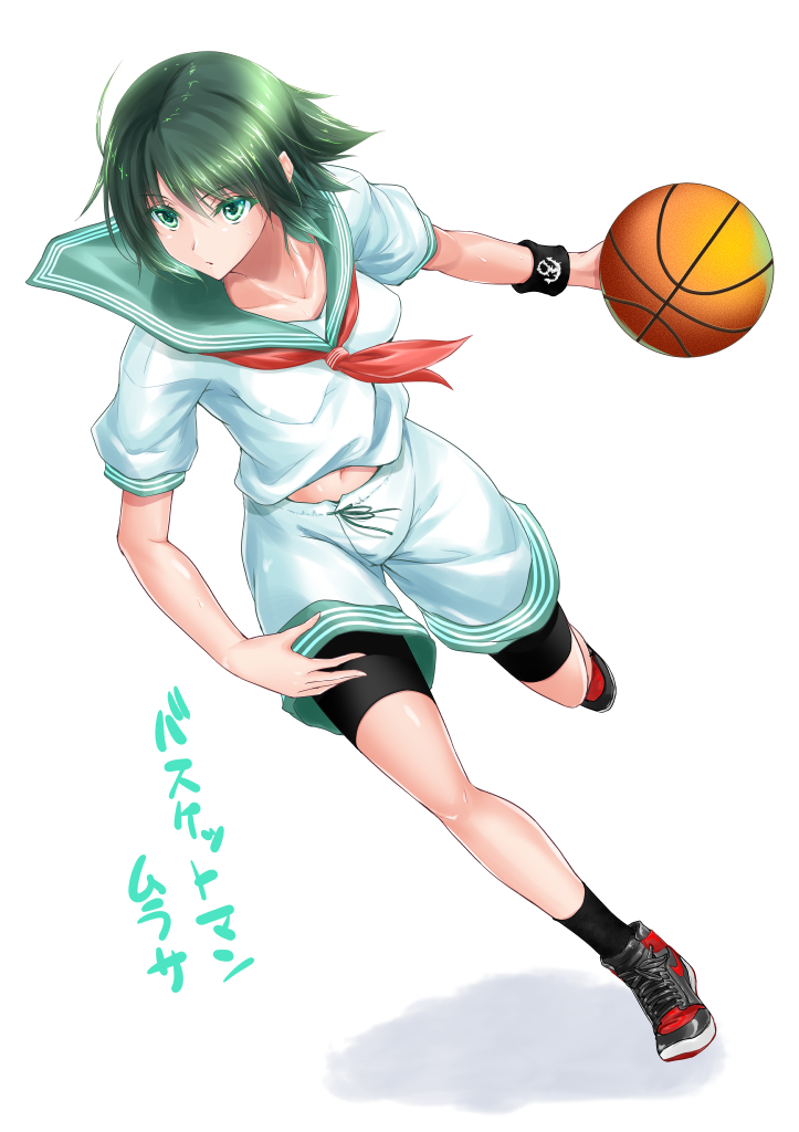 air_jordan, basketball, bike_shorts, green_eyes, green_hair, looking_at_viewer, maho_(yakimorokoshi), murasa_minamitsu