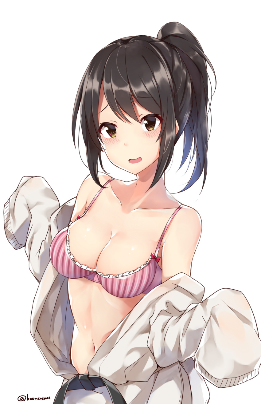 1girl, bangs, black_hair, blush, breasts, brown_eyes, cleavage, collarbone