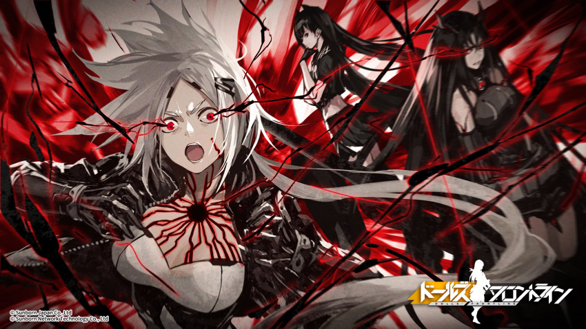 3girls, bangs, bare_shoulders, black_gloves, black_hair, black_legwear, black_serafuku, black_shorts