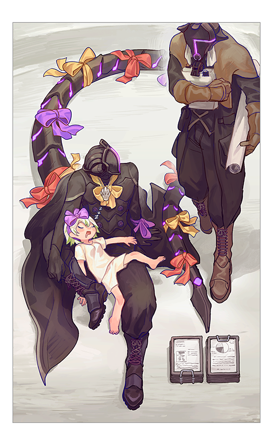 1girl, 2boys, bondrewd, boots, bow, drooling, helmet, jacket