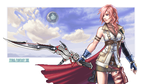 1girl, cloud, clouds, final_fantasy, final_fantasy_xiii, fingerless_gloves, gloves, lightning_(ff13), lightning_farron, lowres, mabius, miniskirt, pink_hair, pixel_art, skirt, sky, solo, sword, thigh_strap, weapon