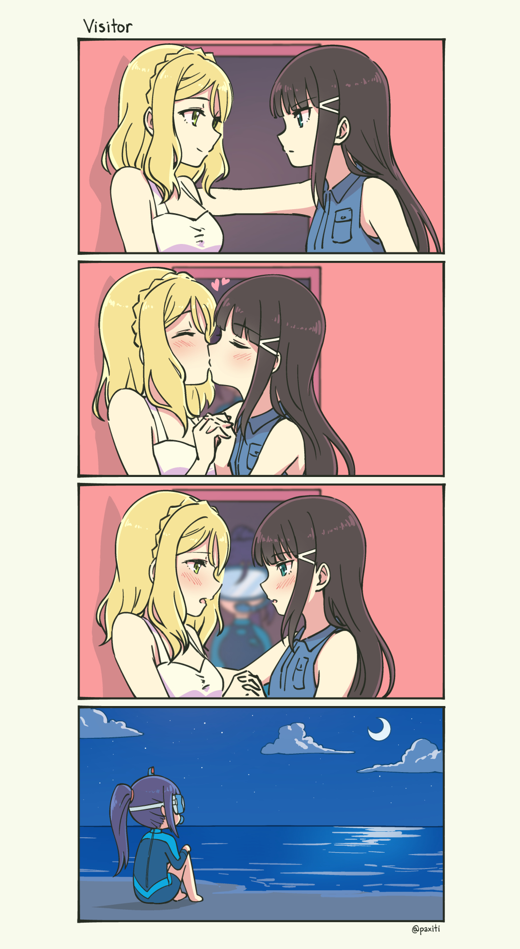3girls, 4koma, against_wall, bangs, beach, black_hair, blonde_hair, blue_hair