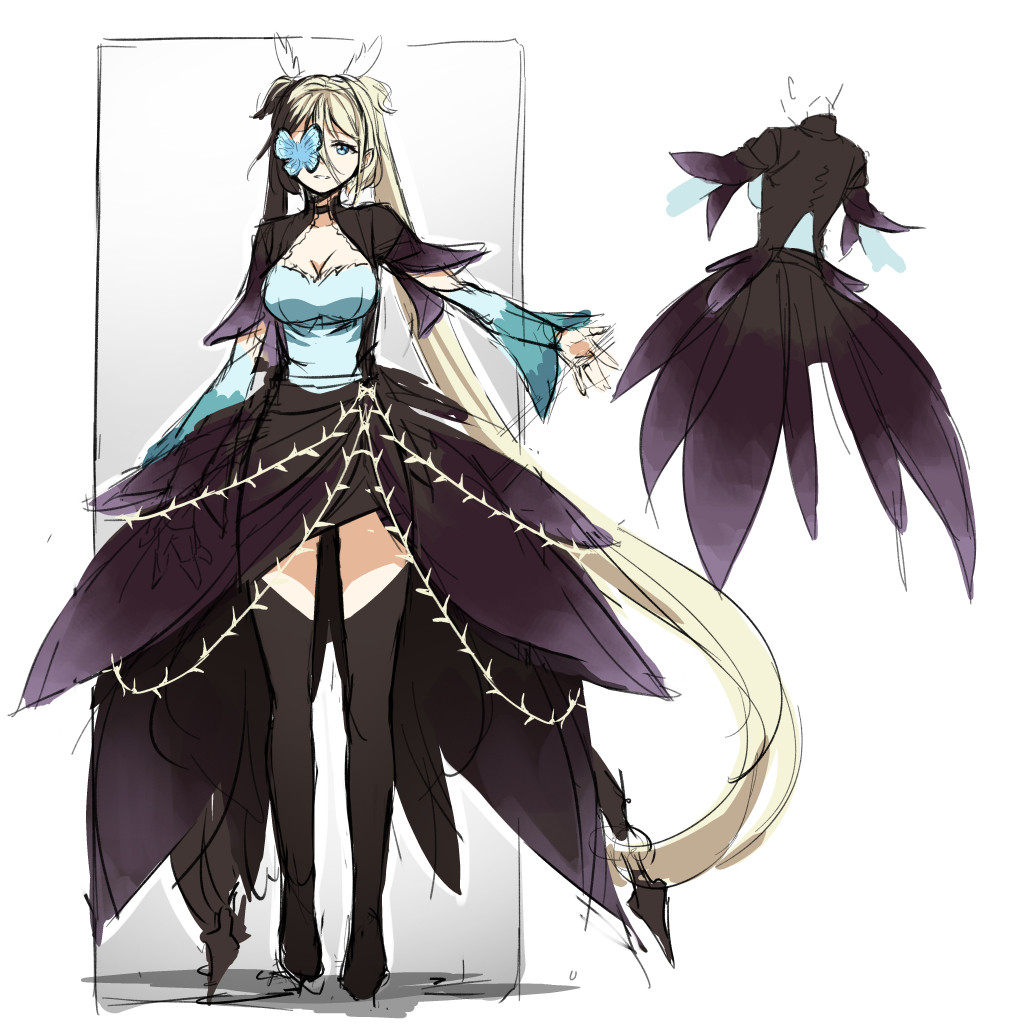 1girl, absurdly_long_hair, black_legwear, blonde_hair, blue_eyes, breasts, bug, butterfly, butterfly_eyepatch, character_request, character_sheet, choker, cleavage, cloud_kingdom, detached_sleeves, eyepatch, full_body, insect, large_breasts, long_hair, multiple_views, original, pas_(paxiti), showgirl_skirt, thigh-highs, turnaround, twintails, very_long_hair