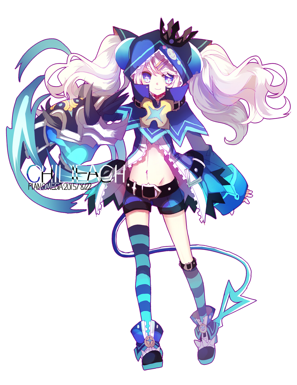 1girl, athria, belt, blue_eyes, clawed_gauntlets, crown, demon_girl, demon_horns, demon_tail, elsword, highres, hood, hoodie, horns, long_hair, long_sleeves, navel, smile, spiked_footwear, star, star-shaped_pupils, symbol-shaped_pupils, tail, white_background, white_hair