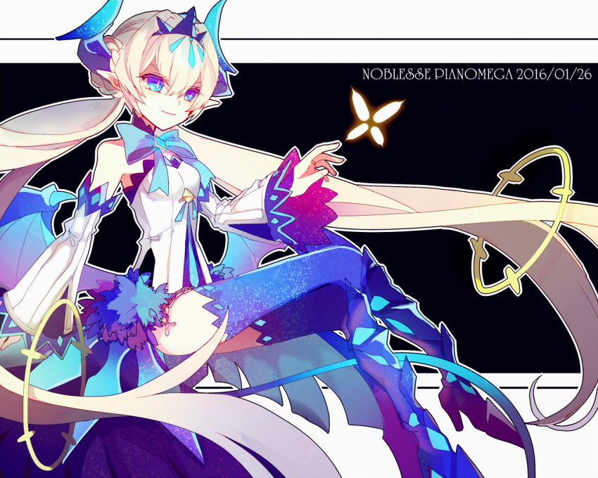 1girl, athria, bare_shoulders, blue_eyes, blue_footwear, blue_legwear, crown, demon_girl