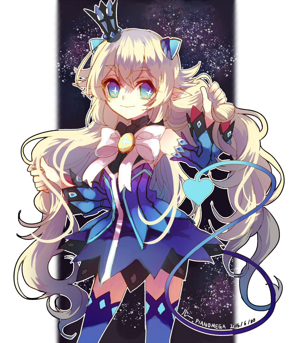 1girl, athria, blue_eyes, blue_legwear, crown, demon_girl, demon_horns, demon_tail