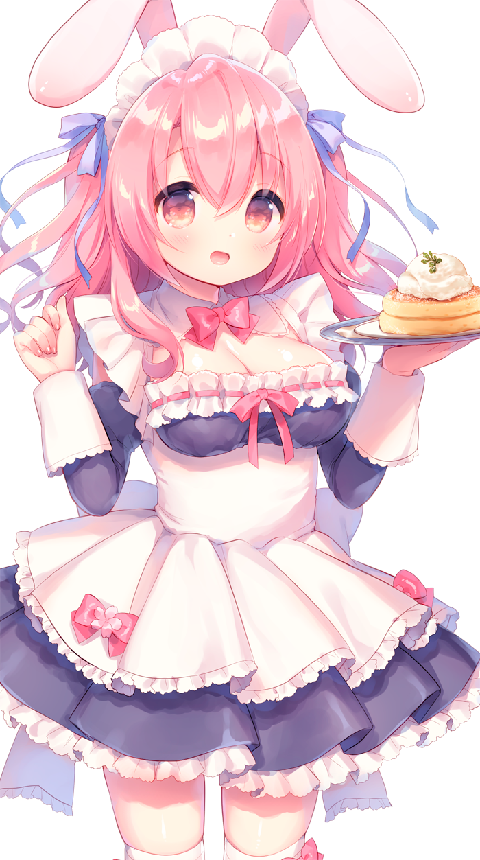 1girl, :o, animal_ears, apron, bangs, black_dress, blue_ribbon, blush