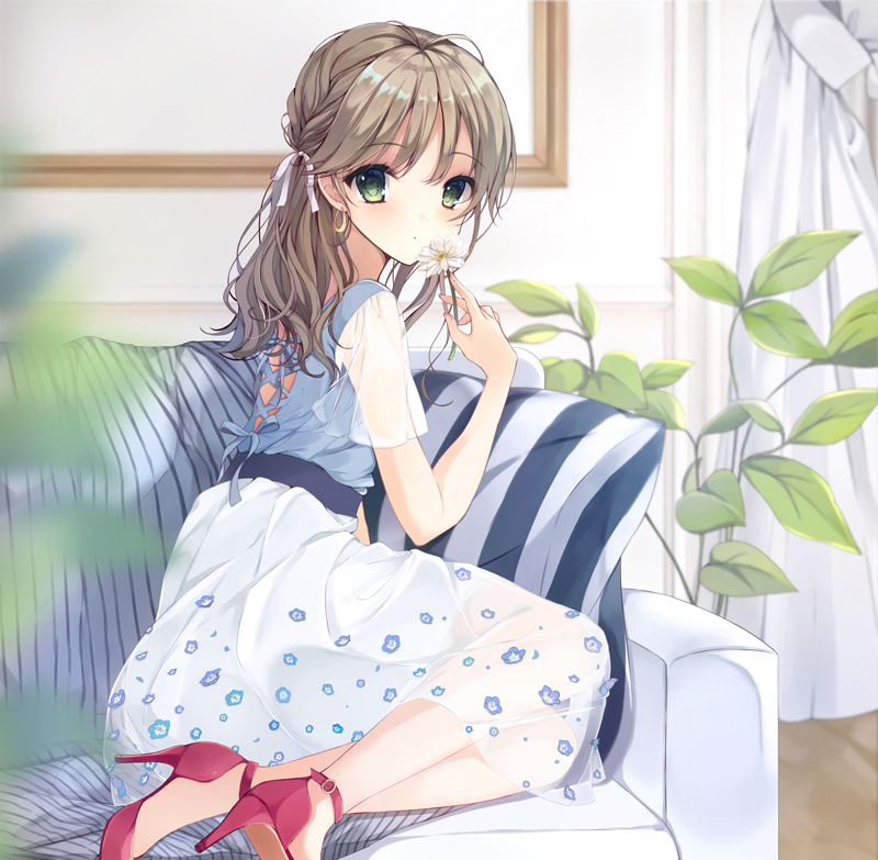 1girl, antenna_hair, bangs, blanket, blue_shirt, brown_hair, buckle, commentary_request