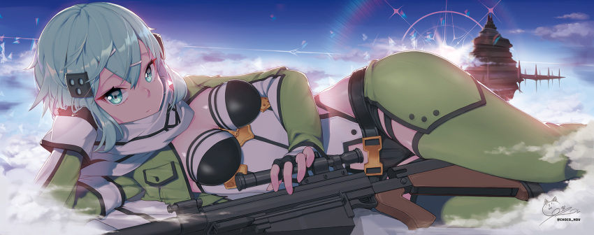 1girl, anti-materiel_rifle, aqua_eyes, aqua_hair, asada_shino, blue_sky, breasts, closed_mouth