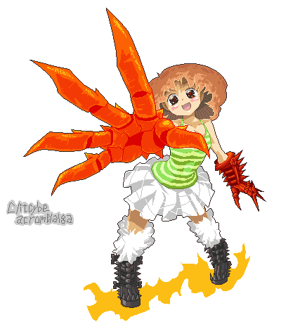 boots, brown_eyes, brown_hair, clitocybe_acromelalga, elbow_gloves, foreshortening, gloves, hands, lowres, mushroom, original, oso, oso_(toolate), personification, pixel_art, short_hair, skirt, sleeveless, smile, solo, transparent_background
