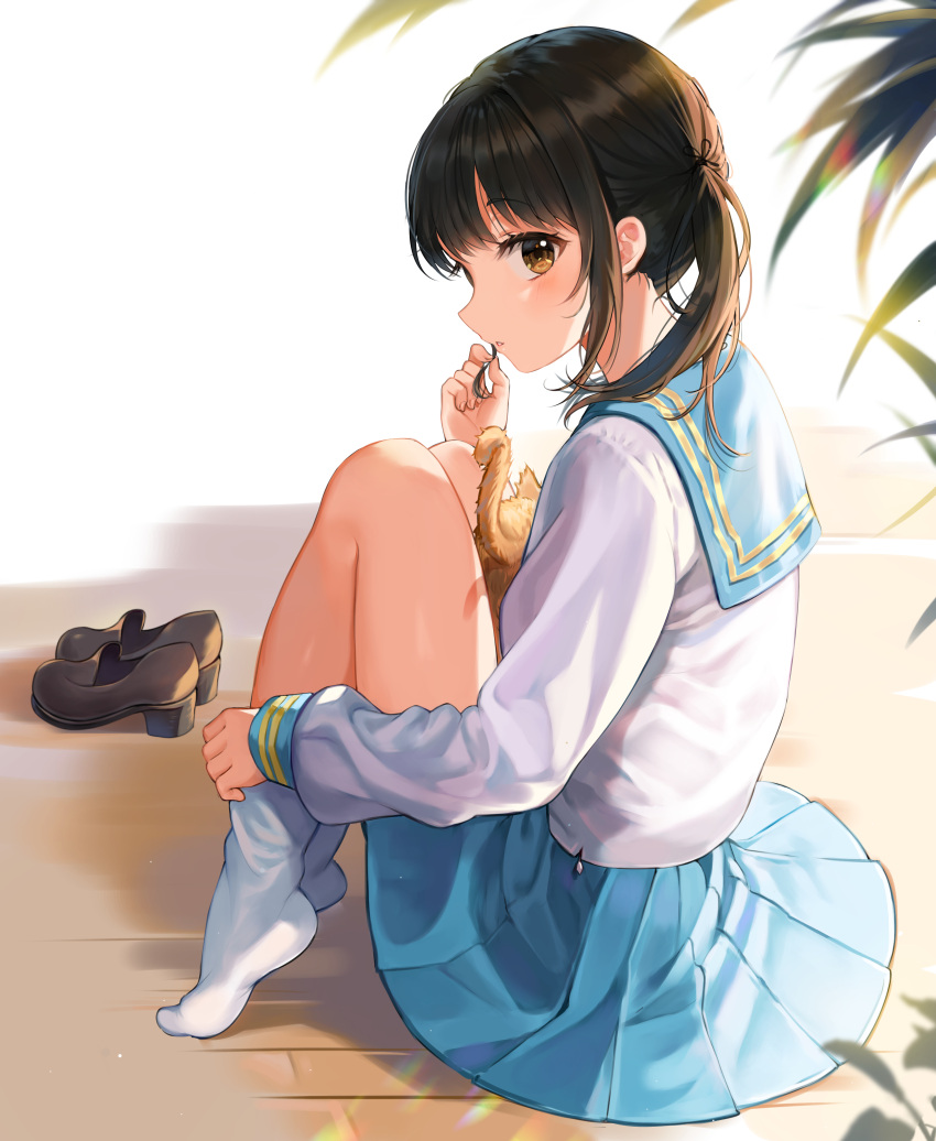 1girl, absurdres, adjusting_clothes, adjusting_legwear, bangs, black_footwear, black_hair, blue_sailor_collar