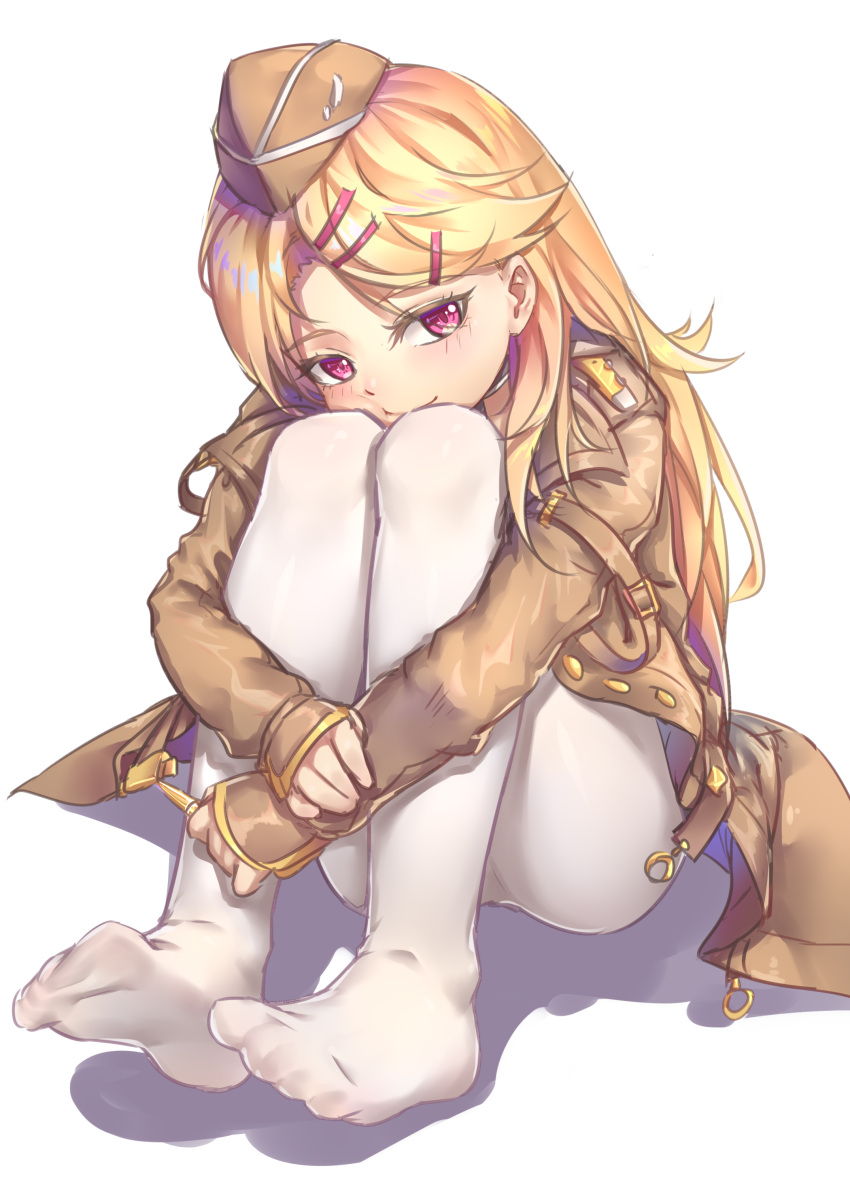 1girl, absurdres, bangs, blonde_hair, blush, brown_hat, brown_jacket, bullet