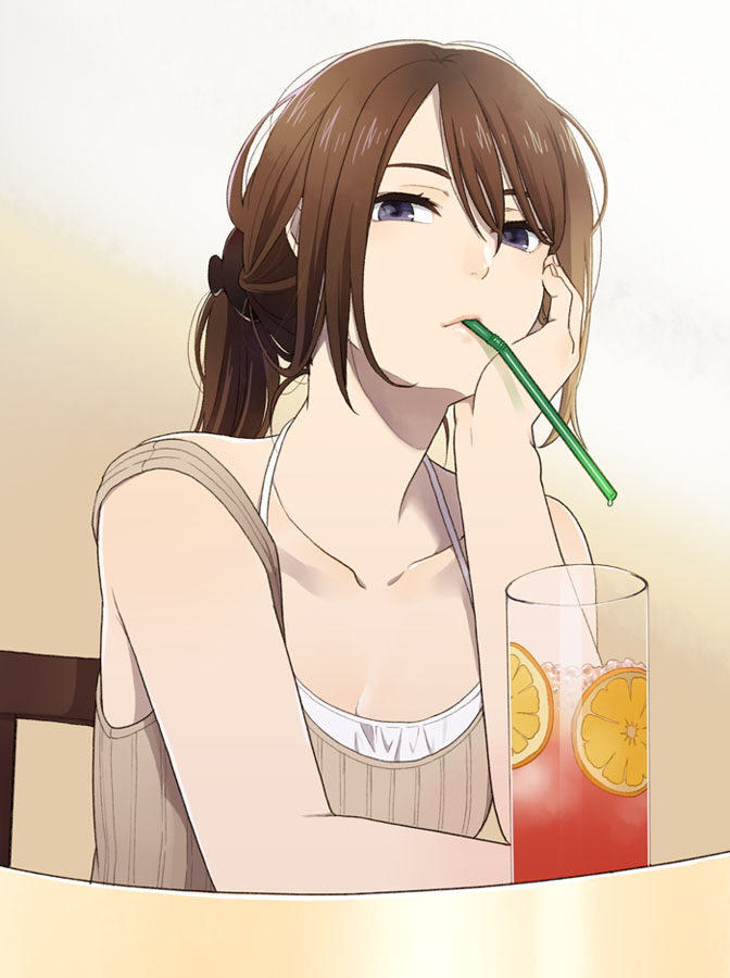 1girl, bendy_straw, breasts, brown_hair, chair, chin_rest, cleavage, collarbone