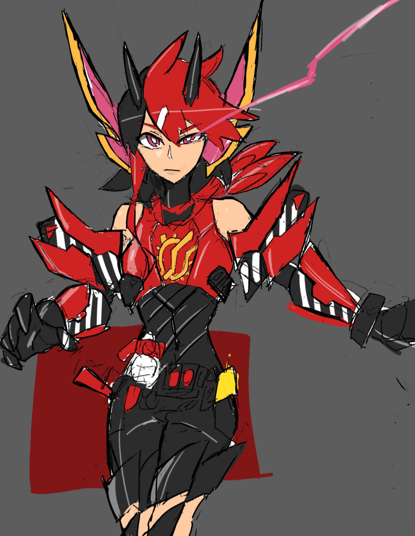 1girl, black_hair, bodysuit, bright_pupils, closed_mouth, cowboy_shot, genderswap, genderswap_(mtf), grey_background, highres, kamen_rider, kamen_rider_build, kamen_rider_build_(series), looking_at_viewer, motomitsu, multicolored_hair, rabbit+rabbit_form, red_eyes, redhead, rider-tan, simple_background, sketch, solo, two-tone_hair