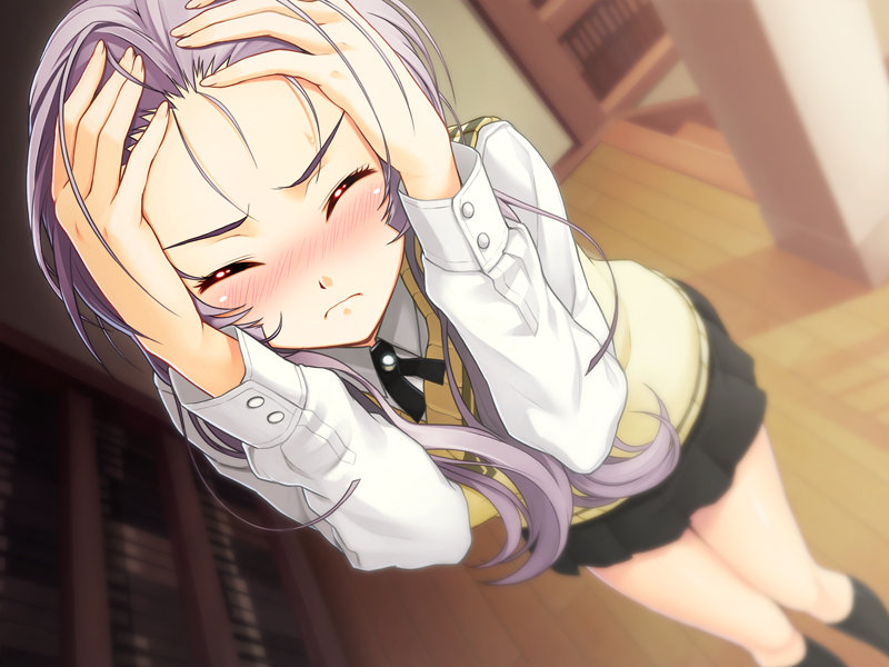 1girl, black_legwear, black_ribbon, black_skirt, blurry, blush, closed_eyes, closed_mouth