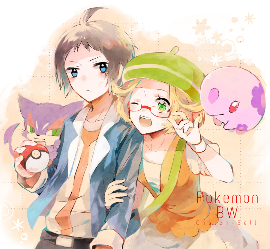 1boy, 1girl, aqua_eyes, bel_(pokemon), blonde_hair, closed_mouth, commentary_request, creatures_(company)