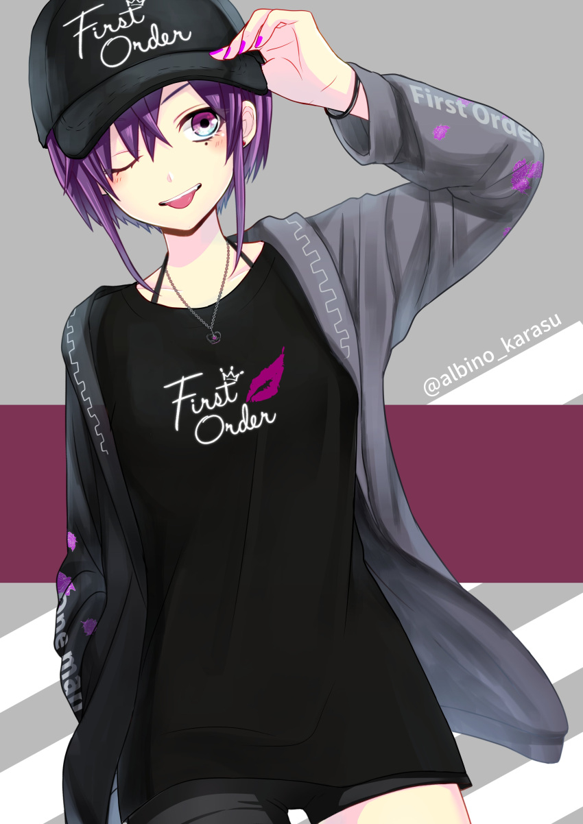 1girl, absurdres, adjusting_clothes, adjusting_hat, baseball_cap, blush, cowboy_shot, genderswap, genderswap_(mtf), hat, highres, jacket, jewelry, mole, mole_under_eye, multicolored, multicolored_background, necklace, niconico, one_eye_closed, open_clothes, open_jacket, open_mouth, purple_hair, shima_(niconico), short_shorts, shorts, sidelocks, smile, solo, tongue, tongue_out, tsukimori_fuyuka, twitter_username, violet_eyes