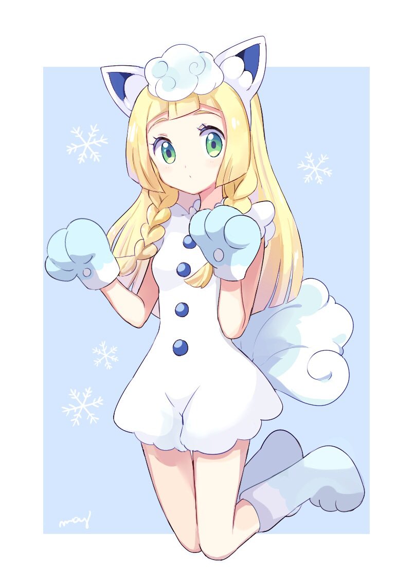 1girl, alolan_vulpix, alolan_vulpix_(cosplay), animal_ears, artist_name, blonde_hair, cosplay, creatures_(company), fake_animal_ears, fake_tail, game_freak, green_eyes, lillie_(pokemon), mei_(maysroom), nintendo, pokemon, pokemon_(anime), pokemon_sm_(anime), snowflake, tail, twitter_username