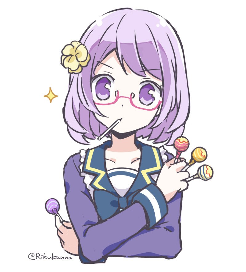 1girl, aikatsu!_(series), aikatsu_stars!, bow, bowtie, candy, chupa_chups, commentary, eyebrows_visible_through_hair, flower, food, food_in_mouth, glasses, hair_flower, hair_ornament, holding, lollipop, long_sleeves, looking_at_viewer, nanakura_koharu, pink-framed_eyewear, purple_hair, riku_kanna, school_uniform, semi-rimless_eyewear, short_hair, solo, sparkle, twitter_username, under-rim_eyewear, violet_eyes, yotsuboshi_academy_uniform