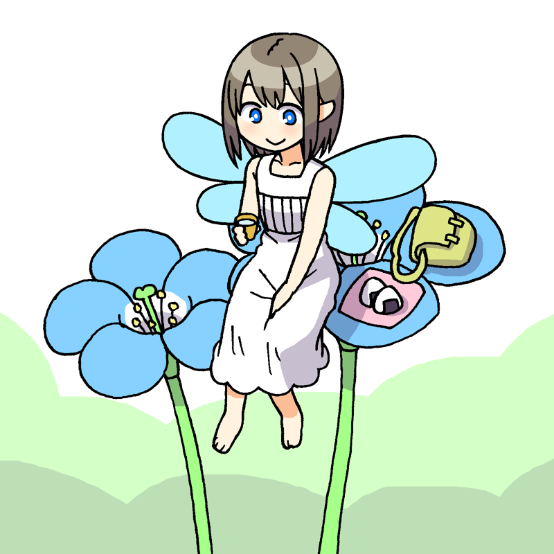 1girl, :>, barefoot, blue_eyes, blue_flower, collarbone, cup, dress