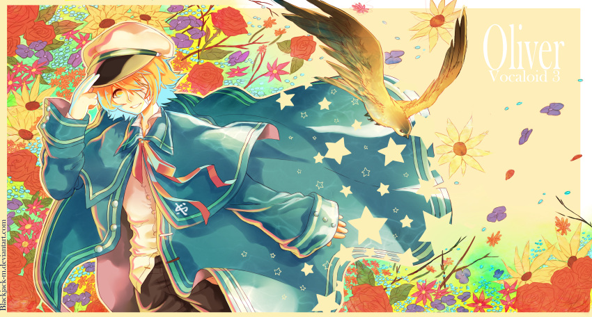 1boy, absurdres, adjusting_clothes, adjusting_hat, bandage, bandage_over_one_eye, bird, blonde_hair