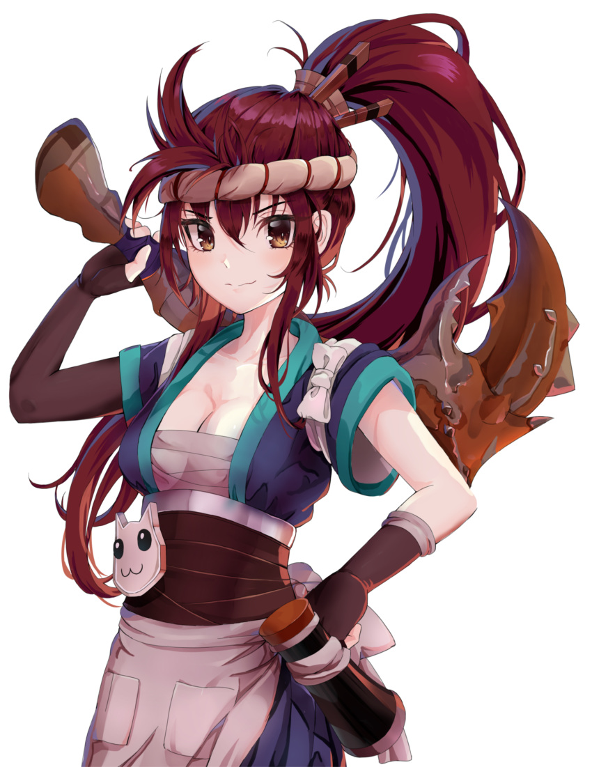 1girl, ahoge, akali, alternate_costume, blush, breasts, brown_eyes, cappu, cleavage, fingerless_gloves, gloves, hairband, highres, league_of_legends, ninja, ponytail, sashimi_akali, smile, solo