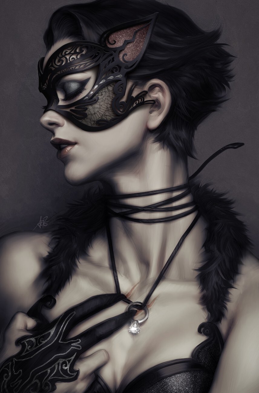 1girl, bare_shoulders, batman_(series), black_dress, black_hair, breasts, catwoman, cleavage