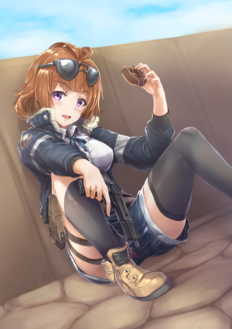 1girl, black_legwear, boots, brown_hair, collared_shirt, commentary, denim, denim_shorts