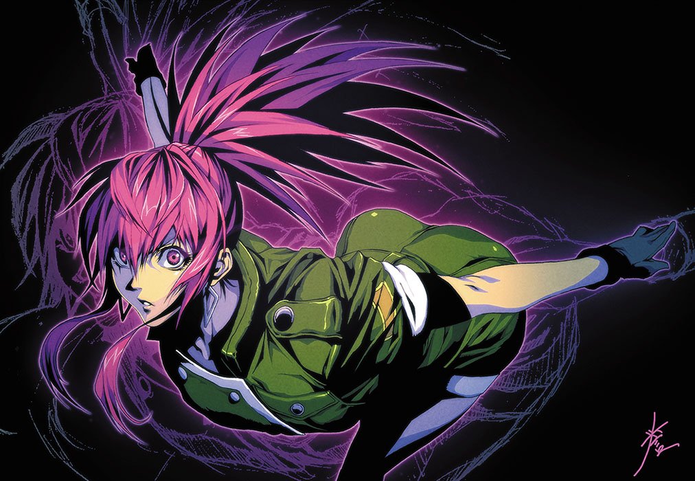 1girl, alternate_hair_color, commentary_request, crazy_eyes, dark_persona, gloves, homare_(fool's_art), leona_heidern, military, military_uniform, orochi_leona, outstretched_arms, pink_eyes, pink_hair, ponytail, shorts, solo, spread_arms, the_king_of_fighters, uniform